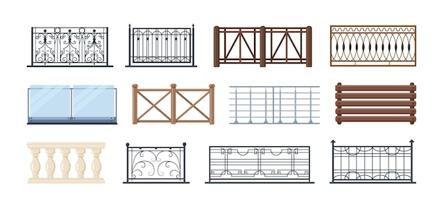 Set of balcony railing. Vintage modern home balconied facade or door entrance into private territory, terrace fences. Steel and wooden or glass and stone construction for fencing territory vector