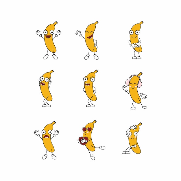 Set of banana icons with different emotions. Funny emoticons, sadness, anger. Banana listens to music with headphones. Funny children's illustration for stickers and smile.