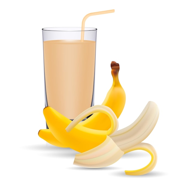 Set Of Banana Juice And Two Fresh Bananas Isolated On A White Background