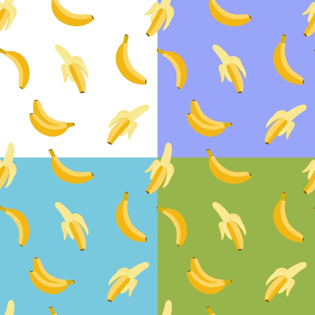 Set of banana seamless patterns Peeled banana Flat vector