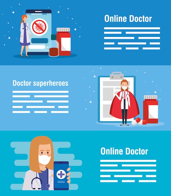 Set banner of medicine online technology with icons