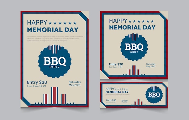 Set of banner for memorial day bbq party invitation flyer and facebook cover vector illustration eps