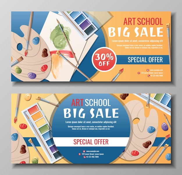 Set of banner templates for art school studio course classroom education Back to school sale vector background with art paints brushes and palette