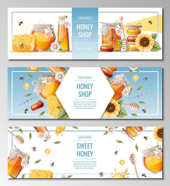 Vector set of banner templates with honey products honey shopillustration of a jar of honey honeycombs bees flowers design for label flyer poster advertising