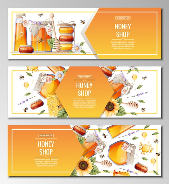 Vector set of banner templates with honey products honey shopillustration of a jar of honey honeycombs bees