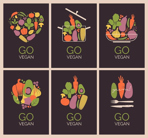 Set of banner with organic, healthy, vegan food. Posters with vector illustrations of vegetables.