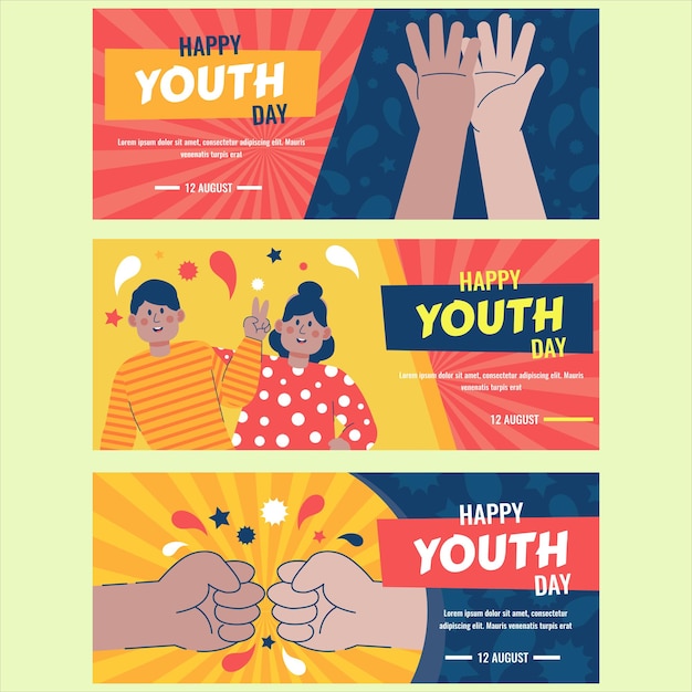 Set of banners of international youth day festivity designs vector