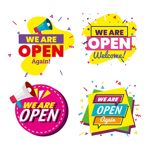 Set banners of lettering we are open on white background design