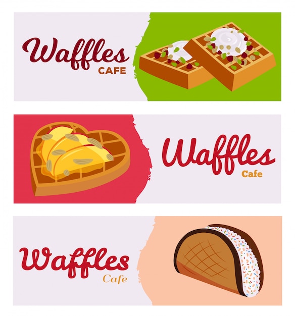 Set of banners waffles cafe bakery  illustration backdrop . Different sweet baked tasty filling wafers with fruits, berries and cream.