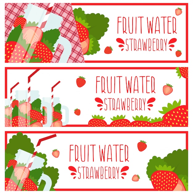 Set of banners with bright fruit water in mason jar with strawberries.