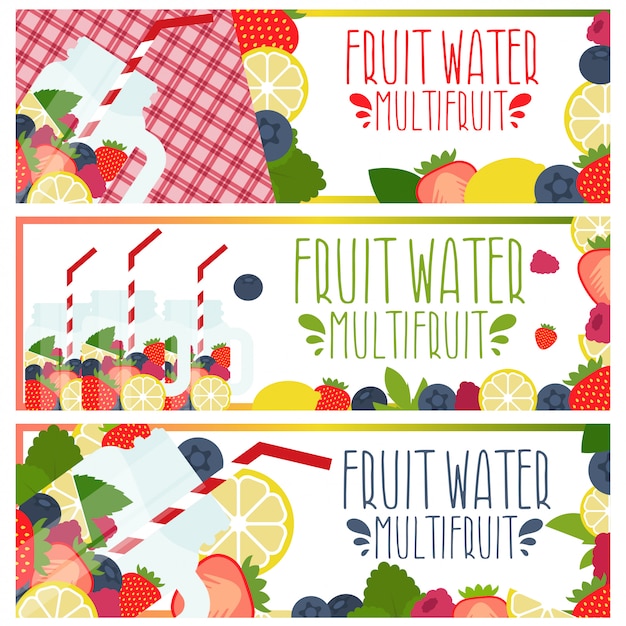 Set of banners with bright fruit water in mason jar with strawberry