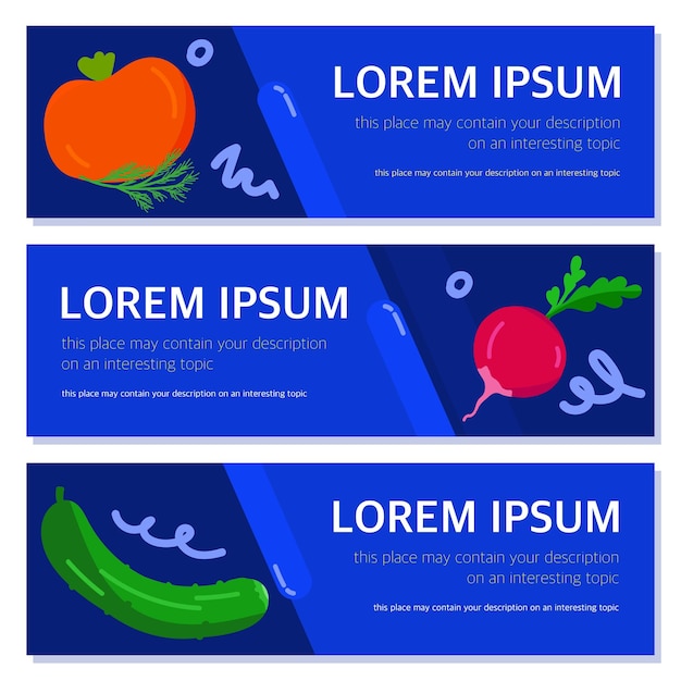 Set of banners with colorful vegetables on a blue background with an empty space for inserting text