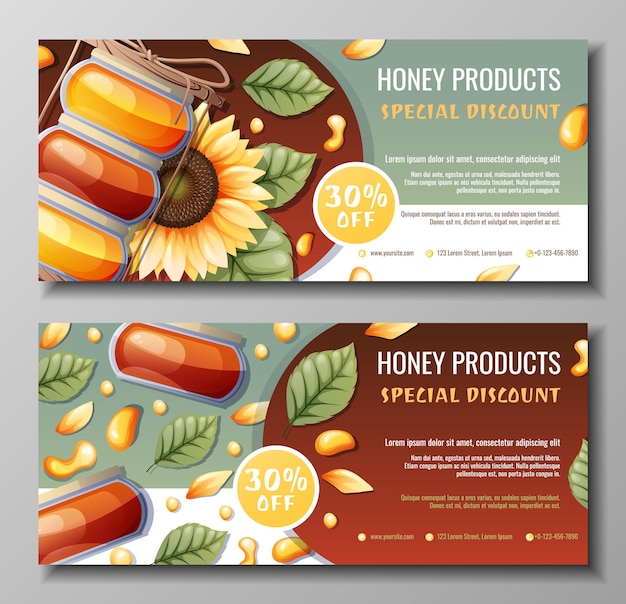 Vector set of banners with honey products discount coupon for honey shop bank of honey bees sunflower natural useful products sweet dessertvector illustration