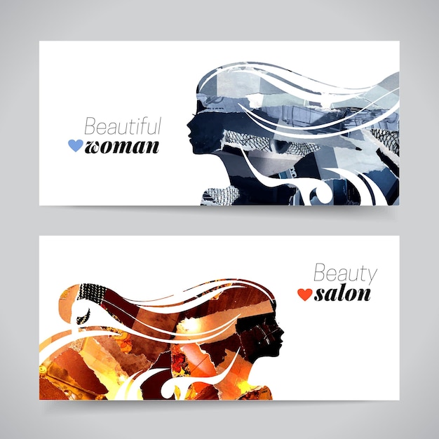 Set of banners with magazine snippets collage beautiful girl silhouettes Vector illustration of painting woman beauty salon design