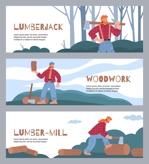 Set of banners with woodworker works at sawmill in flat vector illustration