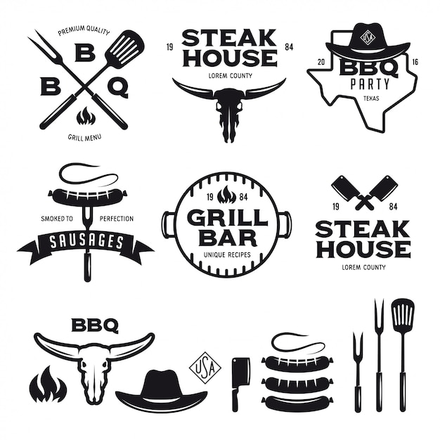 Set of barbecue steak house grill bar labels badges emblems and design elements