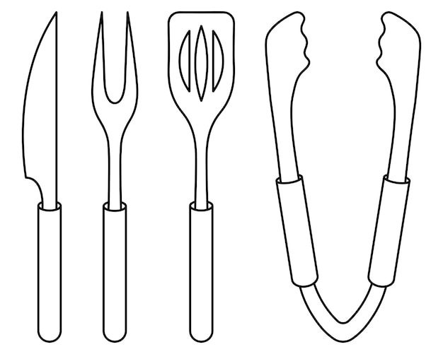 A set of barbecue tools. Sketch. Meat fork with two prongs, spatula, knife and tongs