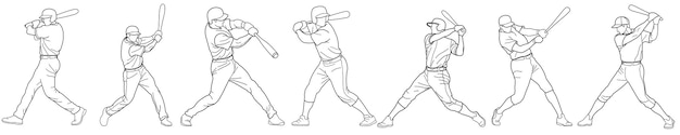 Set of baseball athletes with bats swinging for a hit drawn in outlines black on white background