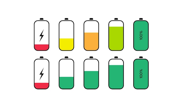 Set of battery charge level indicators, Battery colourful icon, Charging energy icon