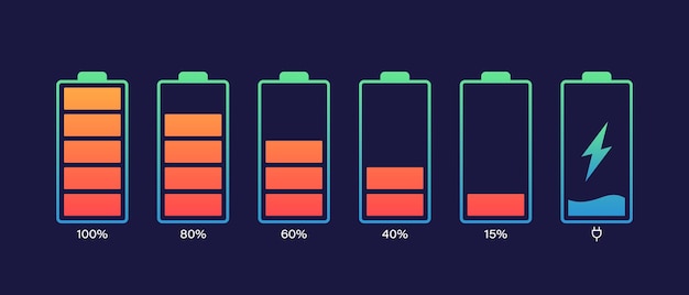 Set battery with different level of charge Car battery indicator battery charge signs Wireless charging energy sign Vector graphic design