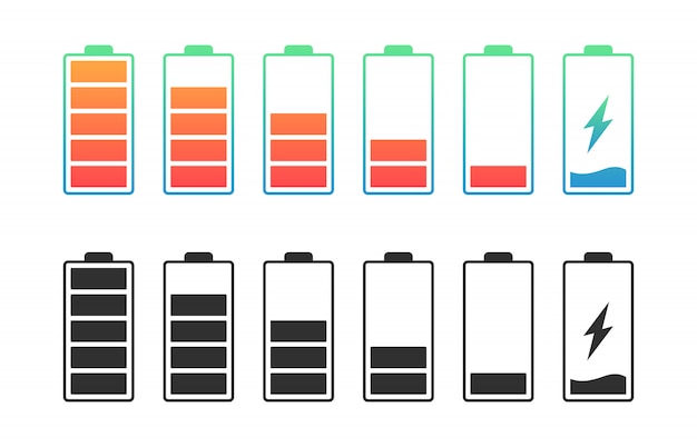 Set battery with different level of charge. Car battery indicator, battery charge signs. Wireless charging energy sign.