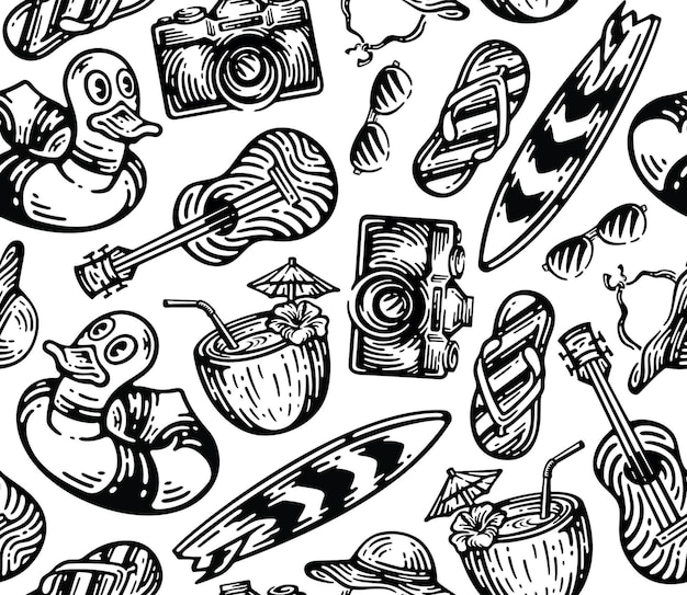 Set of beach equipment element in vintage doodle style