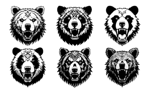 Set of bear heads with open mouth and bared fangs with different angry expressions of the muzzle Symbols for tattoo emblem or logo isolated on a white background