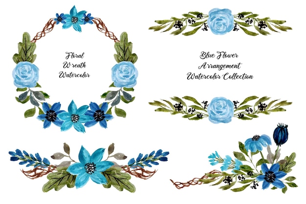 a set of beautiful blue flower and leaf arrangement watercolor