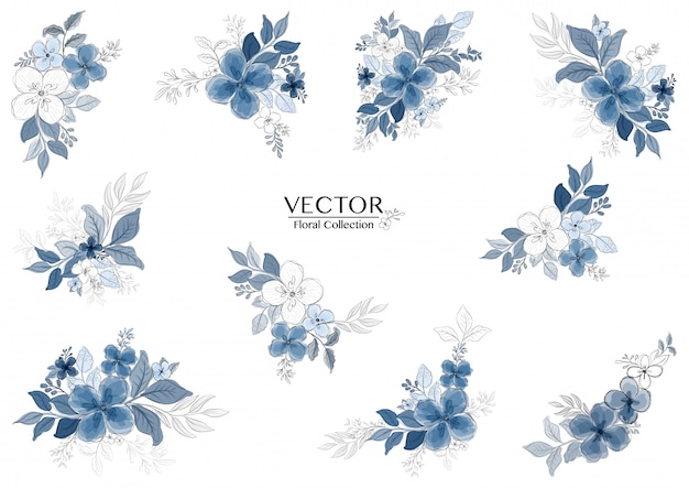 Set of beautiful blue watercolor floral branch 