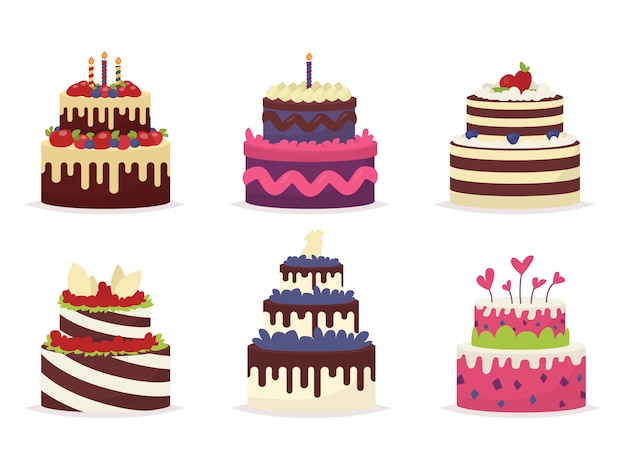 Set of beautiful cakes for birthdays, weddings, anniversaries and other celebrations.  illustration of a  