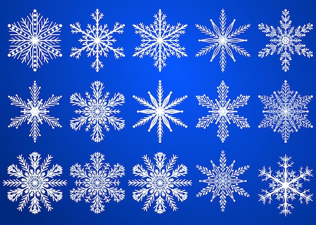 Set of beautiful Christmas snowflakes white on blue background