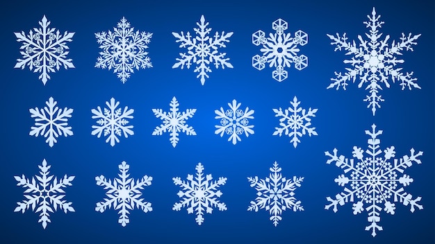 Set of beautiful complex Christmas snowflakes, white on blue background