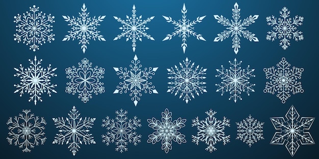 Set of beautiful complex Christmas snowflakes, white on blue background