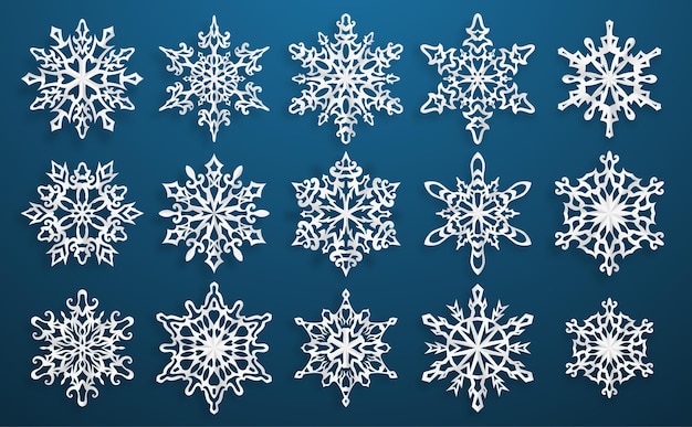 Set of beautiful complex paper Christmas snowflakes with soft shadows on blue