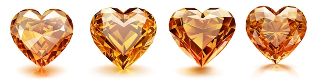 Set of beautiful crystal faceted hearts in golden colors with shadows on white background