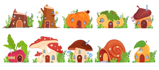 A set of beautiful fantasy houses Illustration of children fairytale houses Housing for fictional characters Vector illustration