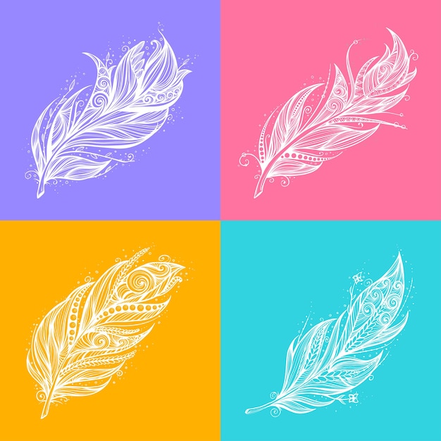 Set of beautiful feathers in line graph on bright backgrounds