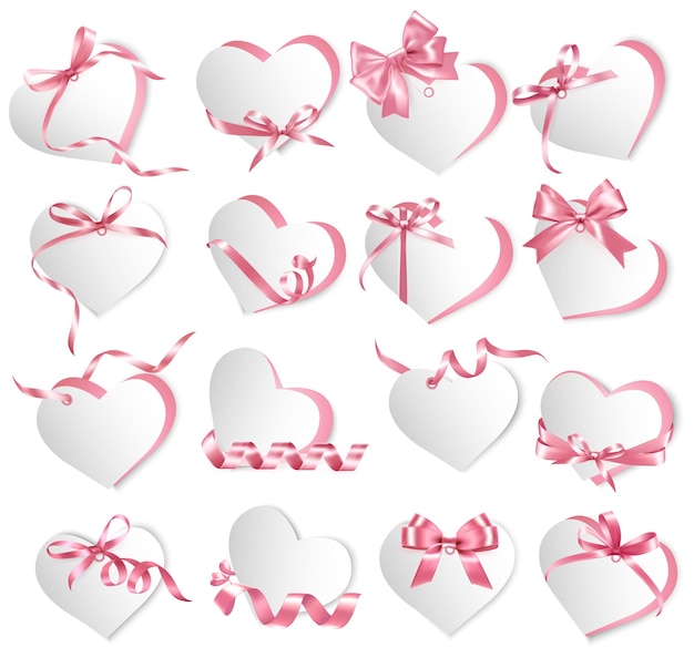 Set of beautiful gift shape heart cards with pink gift bows and ribbons Vector illustration