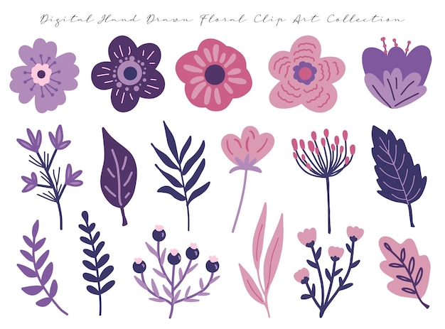 a set of beautiful hand drawn pink and violet flower and leaf clip art