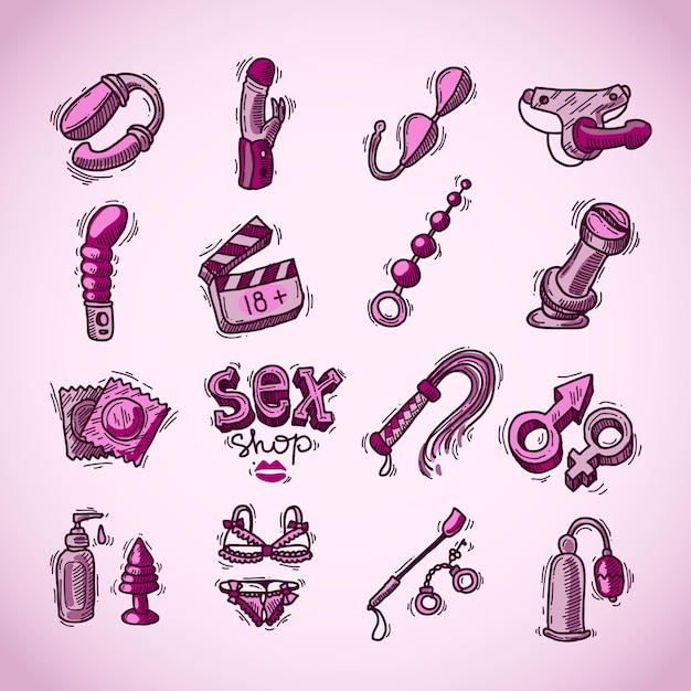 Vector set of beautiful handdrawn icons sex shop devices for your design