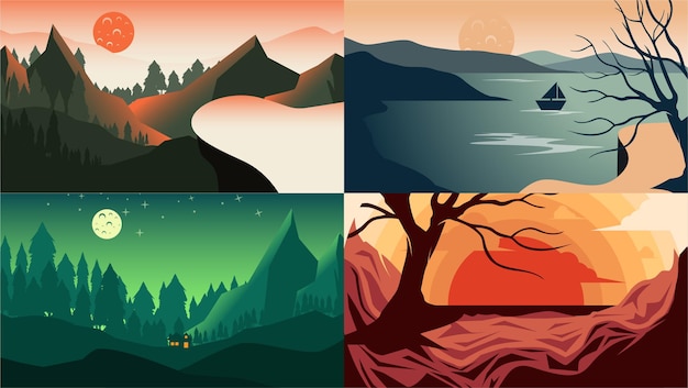 SET OF BEAUTIFUL LANDSCAPE BACKGROUND ILLUSTRATION