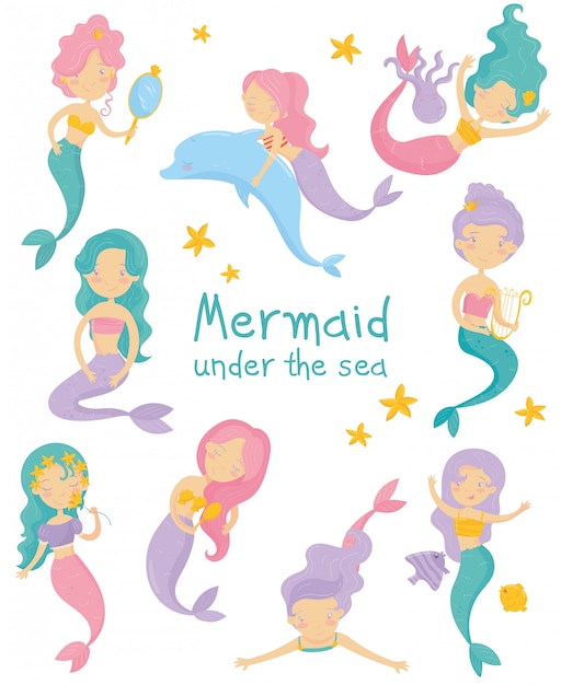 Set of beautiful mermaids. Little girls with colorful hair and fish tails. Fantastic sea life. Mythical marine creatures.