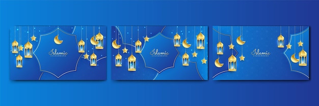 Set of beautiful realistic blue Islamic ramadan kareem design background with mandala pattern hanging lantern moon and star