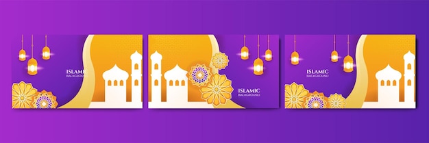 Set of beautiful realistic mandala with hanging lantern purple Orange colorful Islamic design background