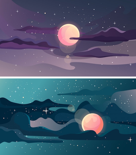 Set of beautiful starry landscapes. Space sceneries.