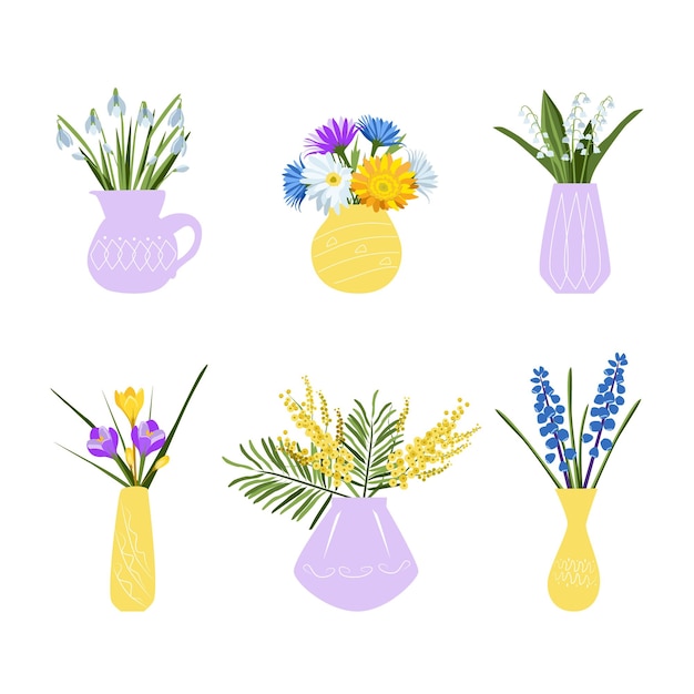 Set beautiful summer and spring flowers in vases Flat illustration on white background