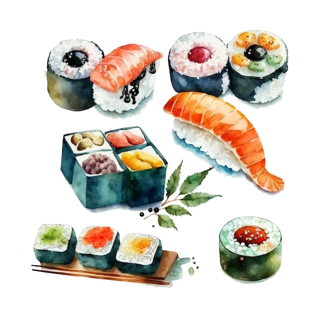 Set of beautiful tasty japanese sushi seafood watercoor hand drawn objects isolated on white