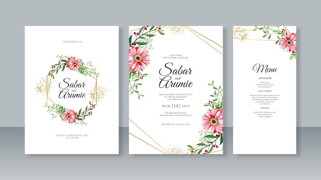 Set of beautiful wedding invitation card templates with watercolor floral painting and geometric border