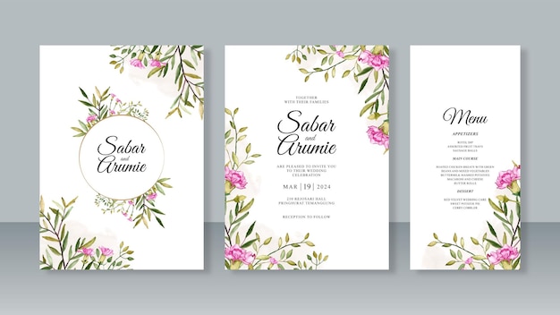 Set of beautiful wedding invitation templates with watercolor leaves and flowers