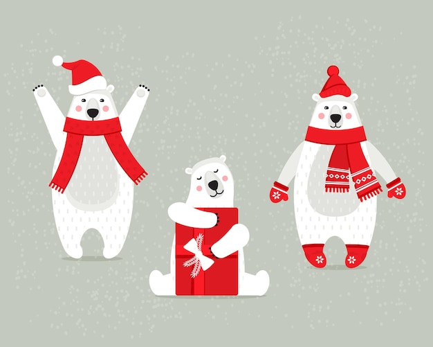 Set of beautiful white polar Christmas bears in winter clothes